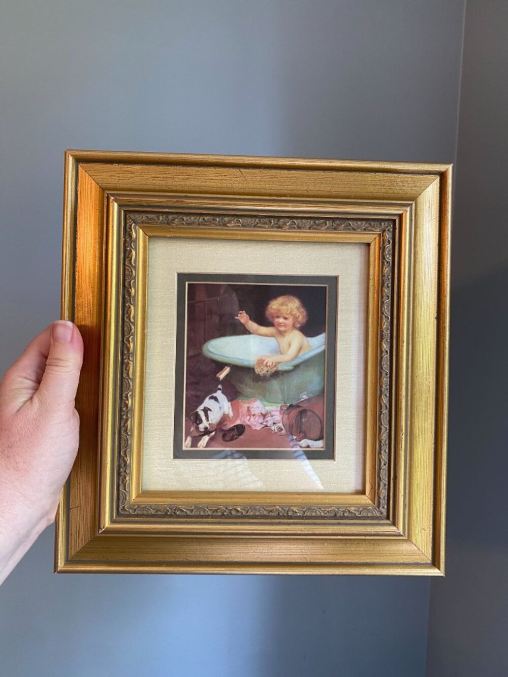 Vintage Arthur John Elsley "Bathtime" Framed Print In Ornate Gold Frame 10" x 12